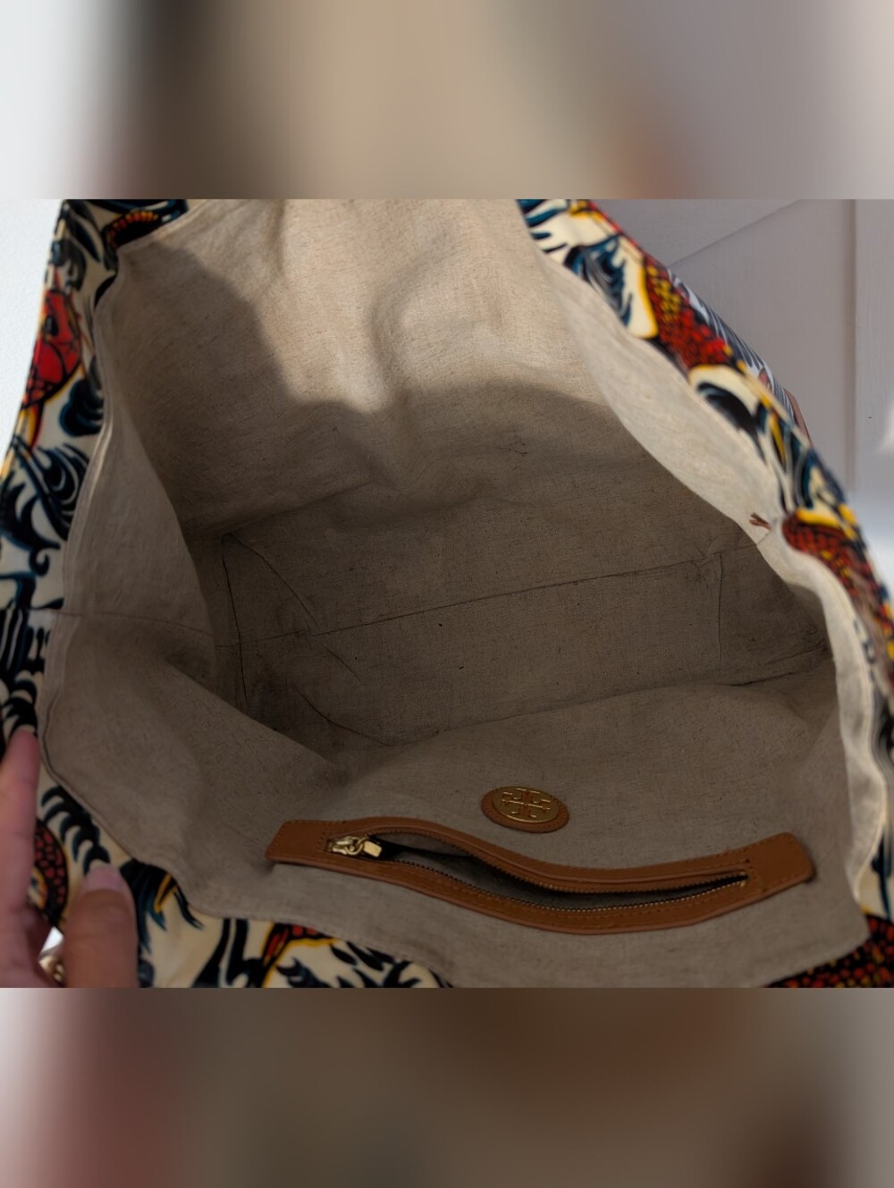 Tory Burch Canvas Tote with Tan Leather Trim and Gold Logo - Picture 6 of 12